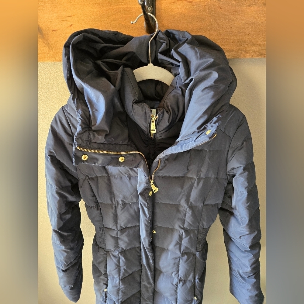 COLE HAAN Puffer Coat navy Gold S Long Length Winter Warm Apres Ski Down Fill